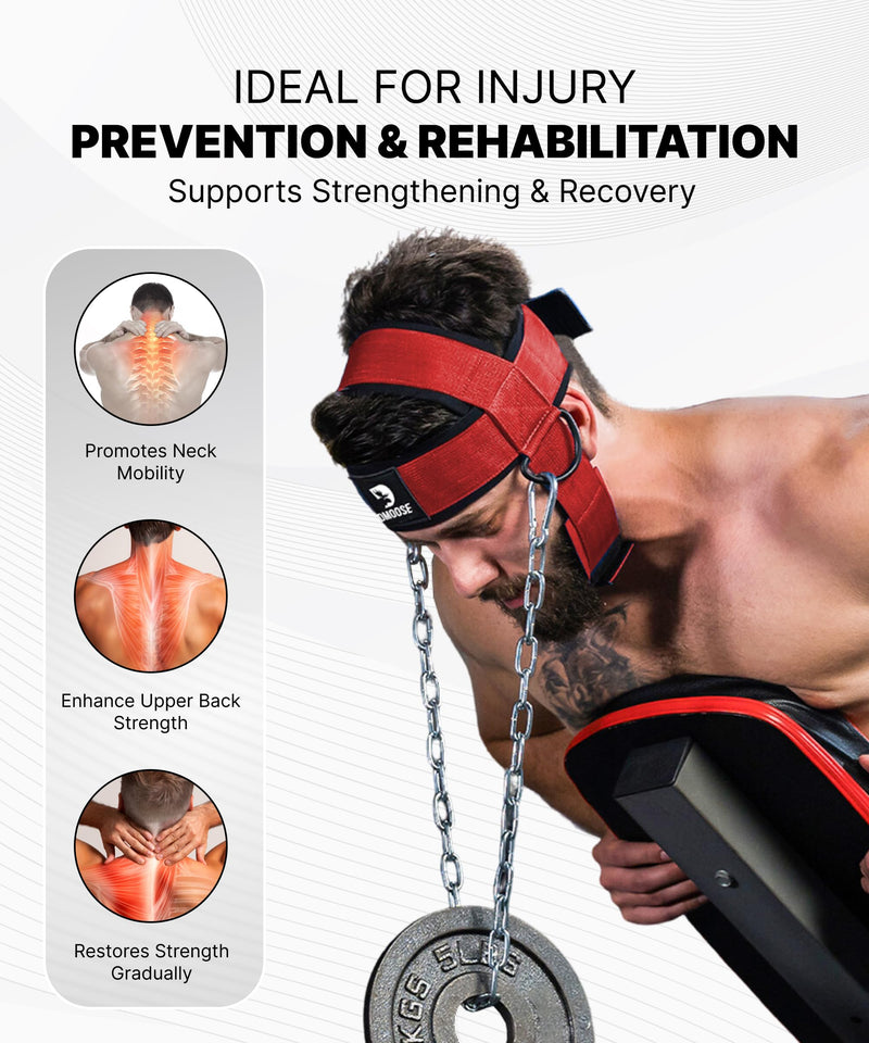 DMoose Fitness Neck Harness for Weight Lifting - Soft Padded Head & Chin Strap with 30" Heavy Duty Steel Chain - Neck Exerciser, Trainer & Strengthener to Support Injury Recovery and Intense Workouts With Support Strap Red