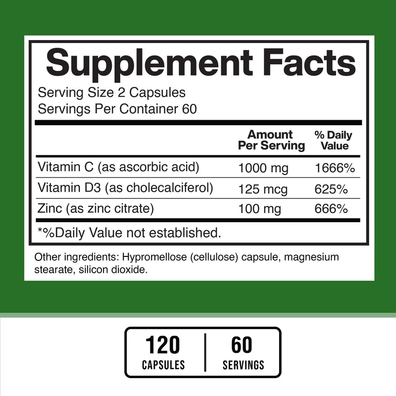 American Standard Supplements Zinc 100mg, Vitamin C 1000mg, and Vitamin D3 5000 IU (125mcg) Per Serving - Gluten Free, Non-GMO, 120 Capsules, 60 Servings 120 Count (Pack of 1) - BeesActive Australia