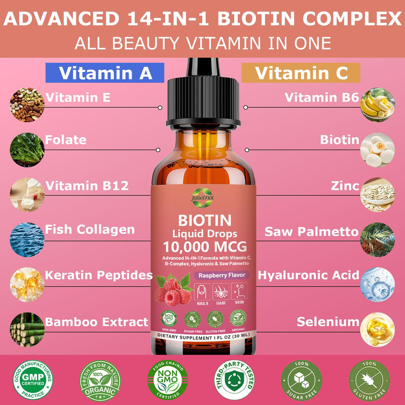 Pure Biotin 10000mcg Liquid Drop Hair Skin & Nails Vitamins Support | w. Biotin Collagen Keratin Hyaluronic Acid Saw Palmetto Bamboo, Biotin(Vitamin B7）Complex for Hair Growth & Cellular Energy
