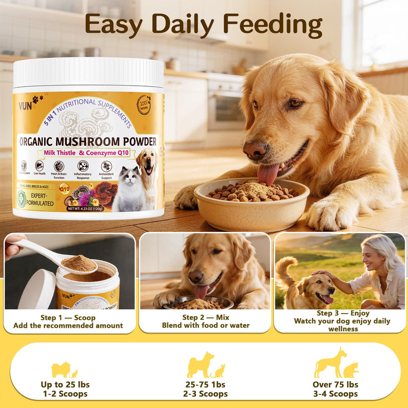 VUN Turkey Tail Mushroom for Dogs, Mushroom Powder for Dogs & Cats Lipoma for Immune,Heart,Liver,Antioxidant Daily Wellness Supplement with Reishi & Shiitake Blend-120g