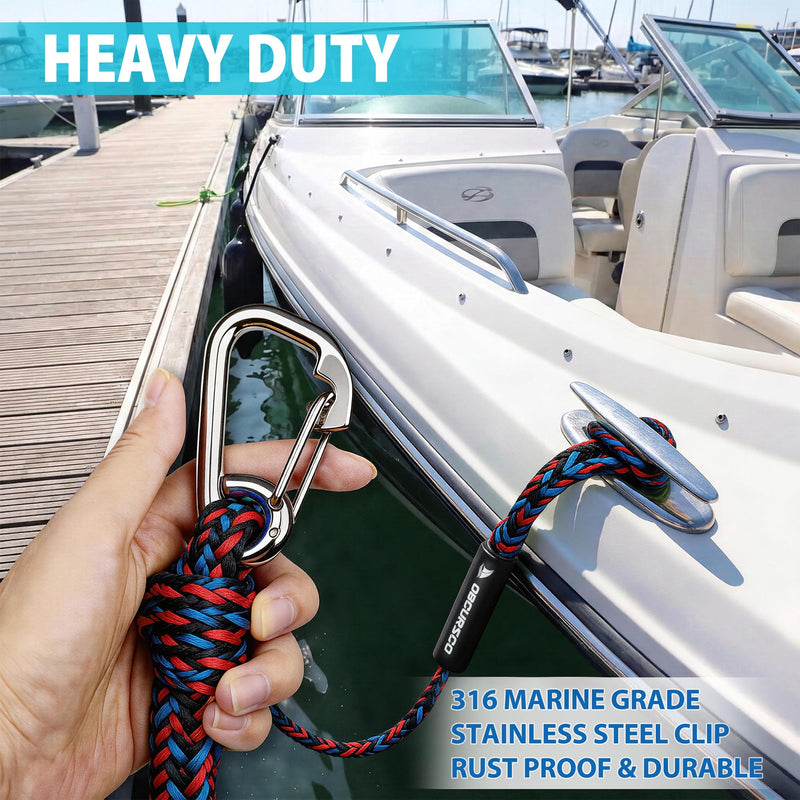 Obcursco Heavy Duty Boat Dock Lines (7ft & 14ft) - 1/2" Marine Mooring Rope with 316 Stainless Steel Clip - Accessories for PWC, Pontoon, Center Console, Jet Ski (Black/Red/Blue, 2 Pack) Black/Red/Blue - BeesActive Australia