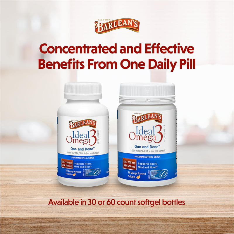 Barlean's Ideal Omega 3 Nutritional Supplement Softgels with 1,000mg EPA/DHA for Heart, Mind, and Mood - Certified Sustainable Seafood, Pharmaceutical Grade - 30-Count | Wild-caught fish oil, EPA DHA omega-3, 1 softgel daily, Burpless, Non-GMO, Gluten-...