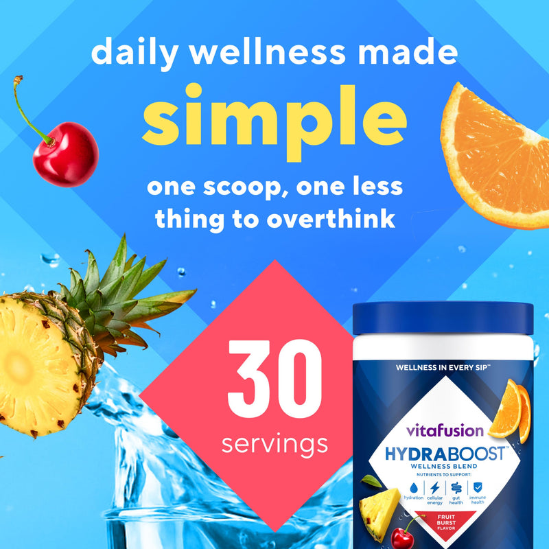 Vitafusion Hydraboost Hydration Drink Mix, Electrolytes Support Daily Hydration, Vitamins Support Cellular Energy & Immune Health, Prebiotic Fiber Supports Gut Health, Fruit Burst, 30 Servings