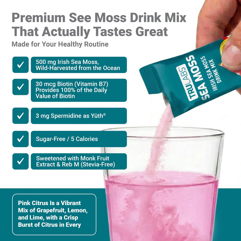 TRULABS Irish Sea Moss Powder Drink Mix – Pink Citrus Flavor, 500 mg Wildcrafted Sea Moss with 30 mcg Biotin and 3 mg Spermidine, Sugar-Free (16 Stick Packs)