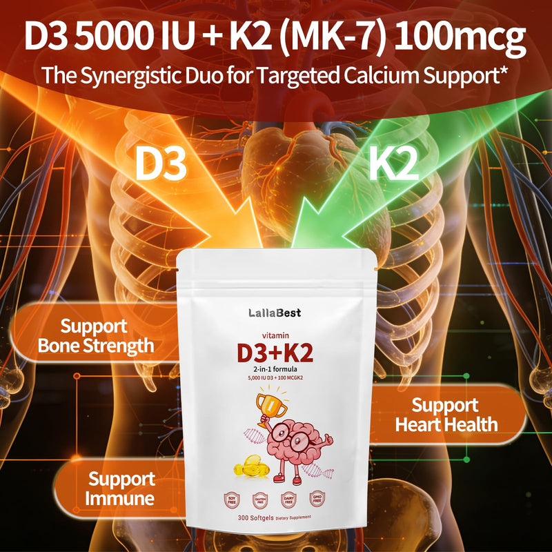 Vitamin D3 10000 iu Plus K2 (MK-7) 200 mcg, Virgin Coconut Oil Softgels| 2 in 1 Vitamins D & K Complex,Supports Calcium Absorption, Bone, Immune, & Heart Health*