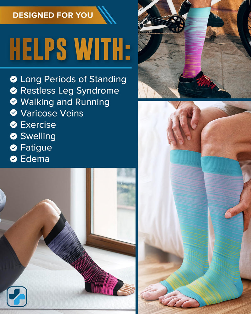 Doctor's Select 3 Pairs Copper Toeless Compression Socks Women & Men - 20-30 mmHg Open Toe Compression Socks Knee High Women Large Line Patterns 1 - 3 Pairs