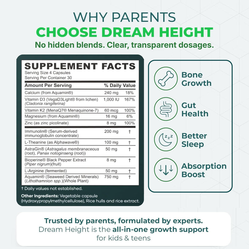 Moddy's Nutrition DreamHeight Growth Supplement for Kids & Teens, Bone, Immune & Sleep Support, Clinically Studied Formula, 120 Small Easy-to-Swallow Capsules
