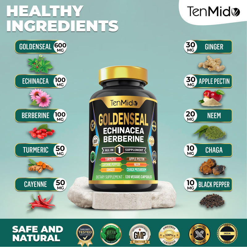 Goldenseal Root Supplement - 10in1 Formula - Combine with Echinacea, Berberine, Turmeric, Cayenne Pepper, Ginger, Apple Pectin, Neem, & More - Digestive Health Support - 120 Capsules