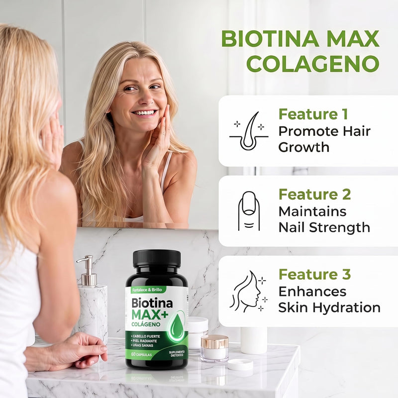 Biotina Max Colageno, Biotin and Collagen Supplements for Strengthens Hair, Improve Skin & Nails, with Vitamins A, B2, B3, B6 and Zinc, Gluten-Free, Non-GMO, 90 Capsules 1