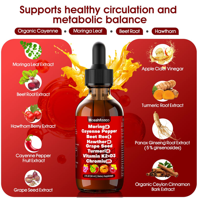 Cayenne Pepper Drops Supplement - Liquid Herbal Formula with Hawthorne Berry, Moringa, Ceylon Cinnamon, Vitamin D3, K2, Beet Root, Turmeric, Grape Seed & L-Arginine | Plant Based for Men & Women 60ML 2 Fl Oz (Pack of 1)