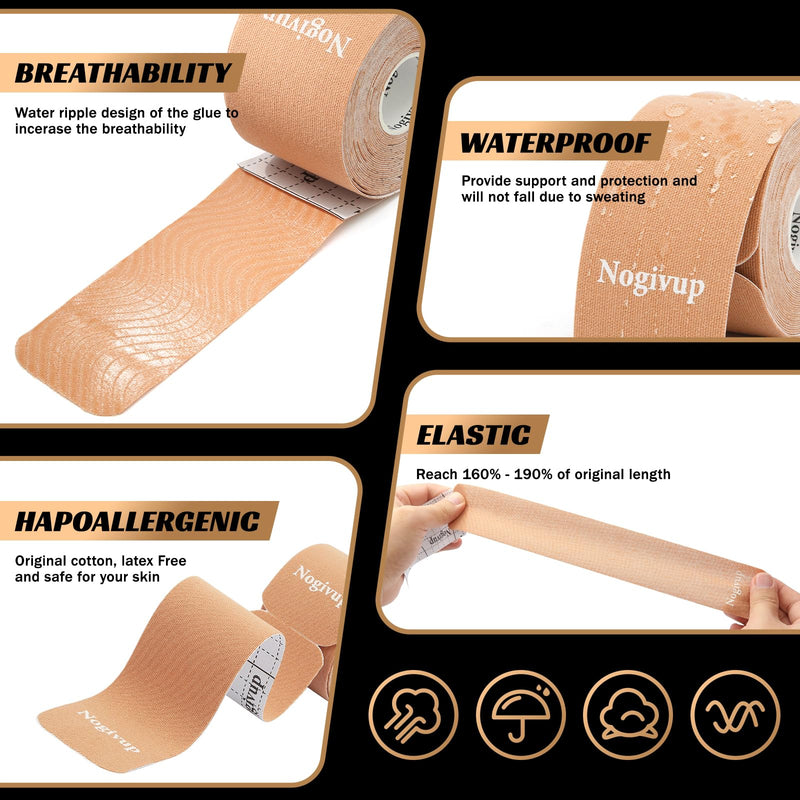 Kinesiology Tape – 2 Rolls Latex-Free Cotton Precut Strips, Elastic Waterproof Athletic Sports Tape for Muscle & Joint Pain Relief & Support (Beige, 2" Wide)
