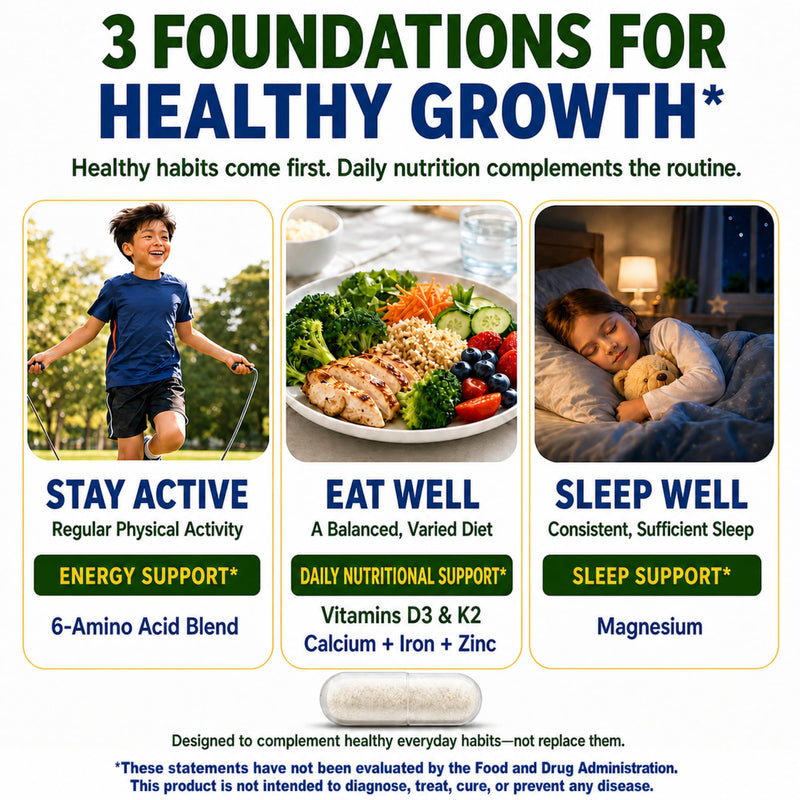 Height Growth Supplement, Bone Strength Support for Ages 6–12 | Premium Multivitamin Formula with L-Lysine, Vitamins D3 & K2, Calcium and Amino Acids for Nutritional Support, 120 Capsules 60 Count (Pack of 2)