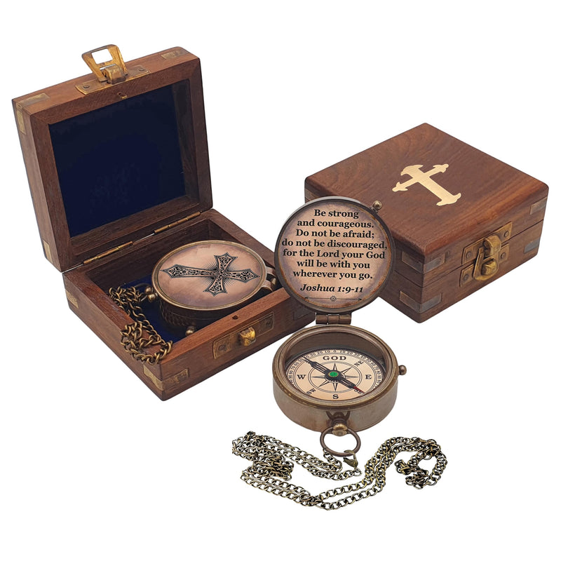 Baptism Gift Personalized Keepsake Compass Engraved Cross and Be Strong and Courageous, Confirmation Gift Ideas, Gift of Faith. Missionary Antique with Wooden Box - BeesActive Australia