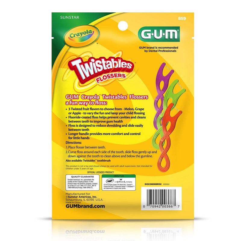 GUM Crayola Twistables Kids Flossers with Fluoride - Designed for Little Hands - Three Fun Fruit Flavors - Easy to Use Kids Floss Picks for Children Ages 3+, 90 Count 90 Count (Pack of 1) - BeesActive Australia