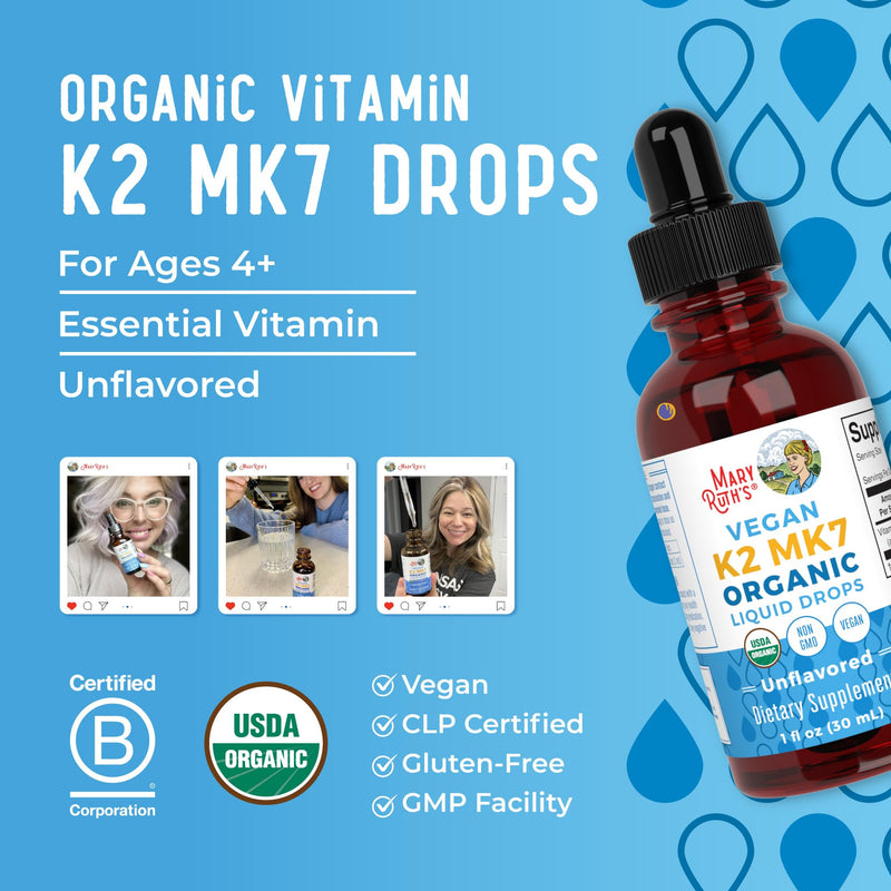 MARYRUTH'S USDA Organic Vitamin K2 MK7 Liquid Drops for Adults & Kids, 1 oz | Adults & Kids, Sourced from Natto, Menaquinone-7, Vegan K2 Vitamin for Bone Health & Calcium Absorption