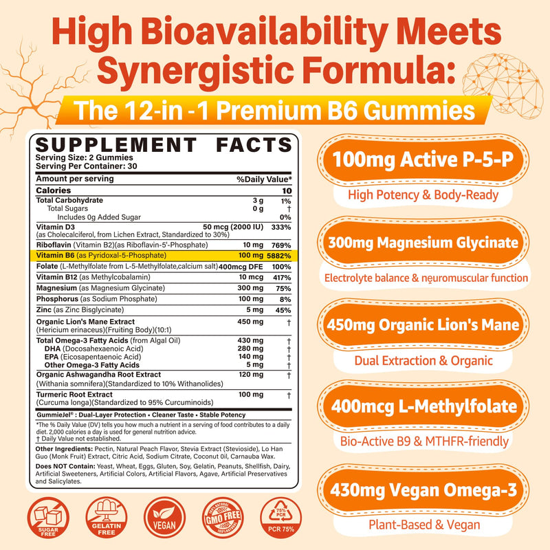 Vitamin B6 Gummies 100mg (P-5-P) + Methyl B12 & Folate, High Potency with Magnesium, Omega-3, Riboflavin, Lion's Mane, Zinc for Cognitive, Nḙrve, Energy, and M♡od & Immune Support, Sugar Free 60 Cts 60 Count (Pack of 1) Vitamin B6 Gummies