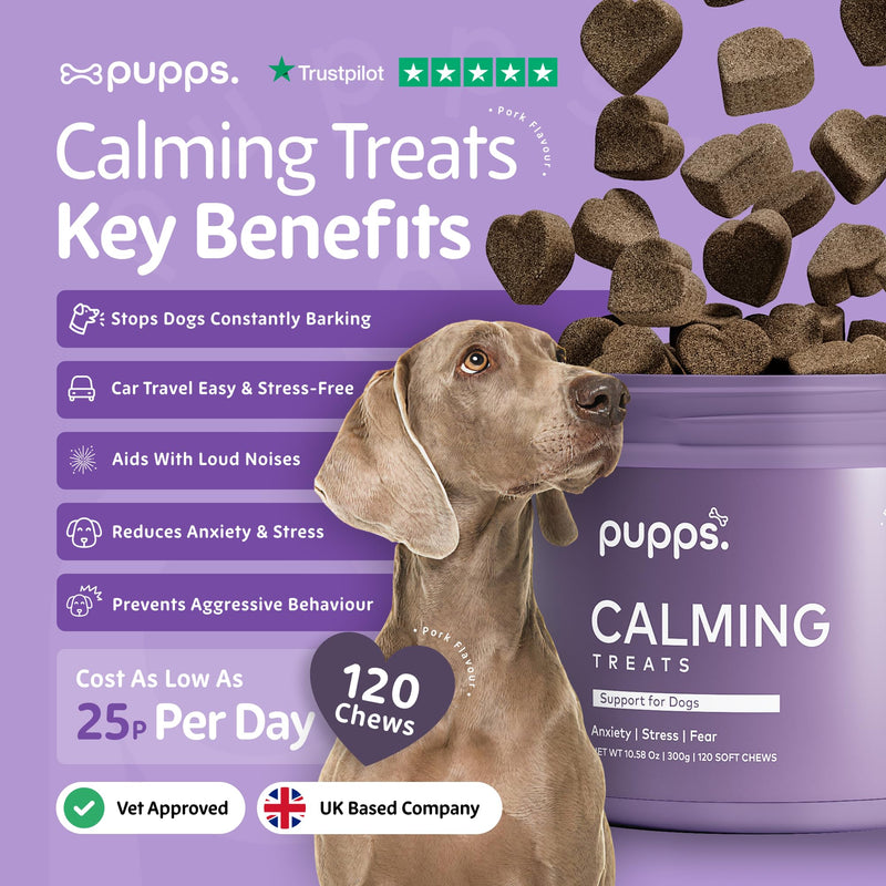 Pupps Calming Dog Treats – 120 Natural Anxiety & Stress Relief Chews | Vet Approved with Hemp, Chamomile & Valerian | Helps Reduce Barking, Separation Anxiety & Hyperactivity | UK Made for All Breeds 120 x Chews