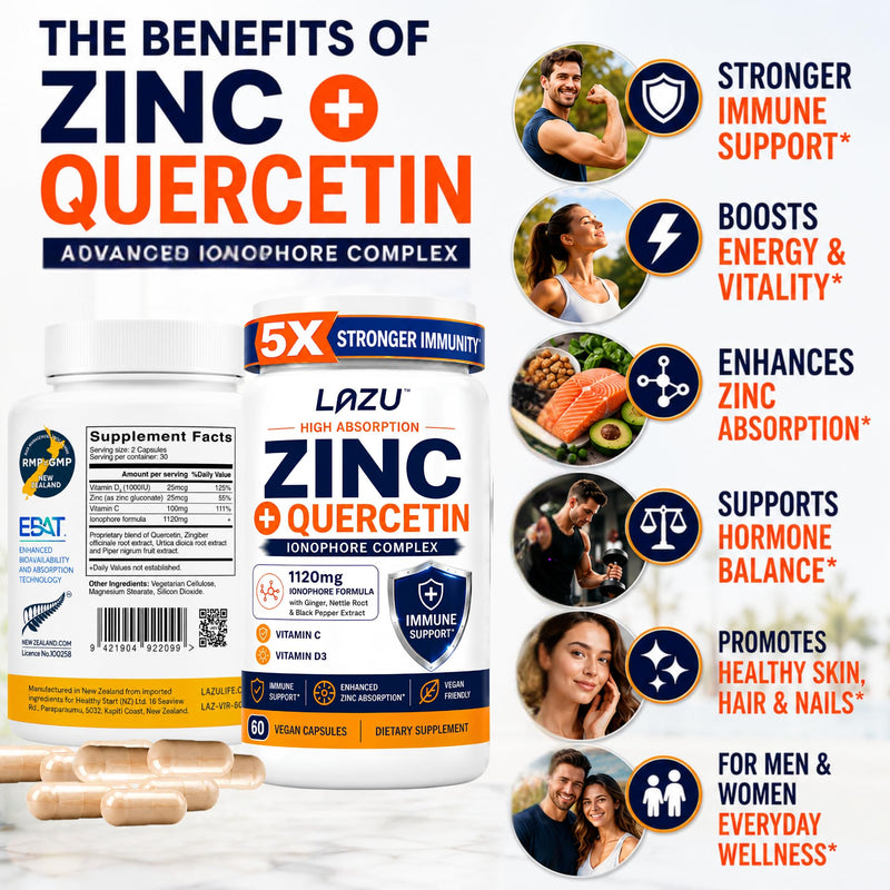 Lazu Zinc Supplements 5X Stronger Immunity, Quercetin, VIT C & D3, 60 Count | Advanced zinc supplement with quercetin, vitamin C and vitamin D3 to support daily immune health and wellness.