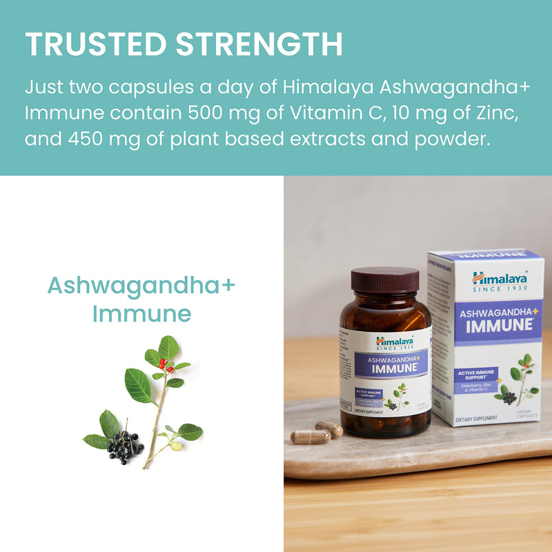 Himalaya Ashwagandha + Immune Herbal Supplement, 960 mg, 60 Capsules | Herbal Immune Support Supplement with Vitamin C, Zinc, Elderberry & Amla for Immunity - Vegan, Non-GMO, Gluten Free Ashwagandha+ Immune