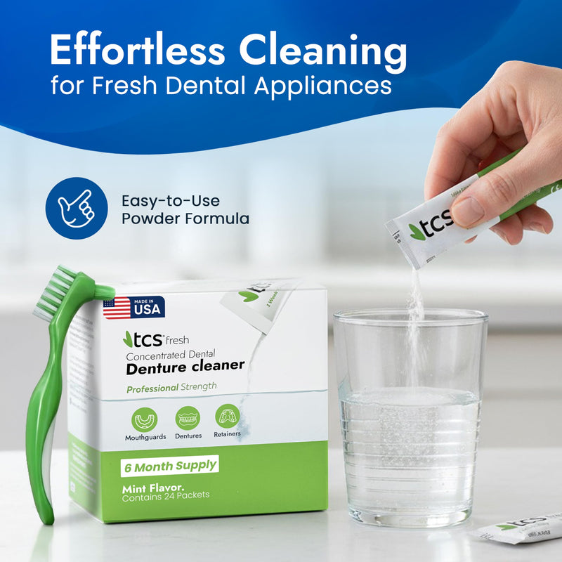 TCS Fresh Concentrated Dental Appliance Cleaner Set, Professional Denture and Retainer Cleaner Powder with Soft Bristle Brush (24 Packets, 6 Month Supply, Mint Flavor) Cleaner Powder with Bristle Brush (24 Packets) - BeesActive Australia