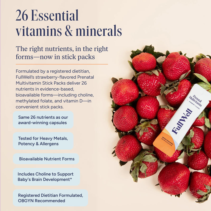 FullWell Prenatal Multivitamin Strawberry Stick Packs, 60 Ct (30 Servings) 60 Count (Pack of 1)