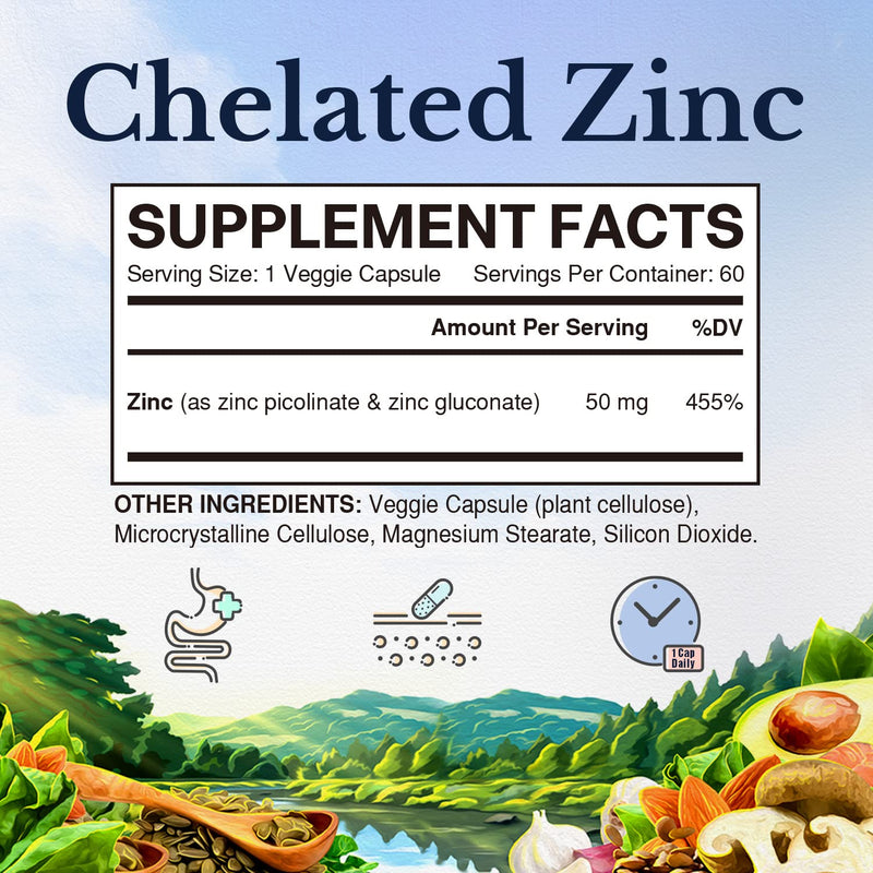 Vitalitown Chelated Zinc 50 mg, Zinc Picolinate & Gluconate, 60 Veggie Capsules, Well-Absorbed, Immune System, Healthy Skin & Development, Vegan, NO Gluten, Non-GMO 60 Count (Pack of 1)