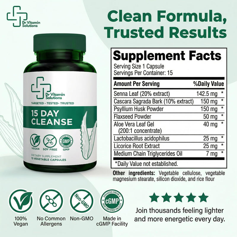 15 Day Colon Cleanse & Detox for Women and Men - Gentle Gut Cleanse | Bloating, Constipation Relief, Senna, Aloe Vera, Psyllium Husk, Probiotics, Vegan, Non-GMO, USA Made, Soy-Free, 15 Capsules 15 Count (Pack of 1)