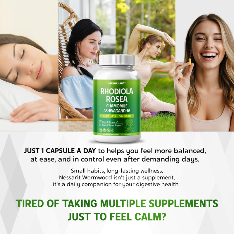 RHODIOLA ROSEA Supplement- 11-in-1 Natural Blend with Chamomile L-Theanine Ashwagandha Holy Basil Valerian Passionflower - 150 Count - Made & Tested in The USA 150 count (pack of 1) - BeesActive Australia