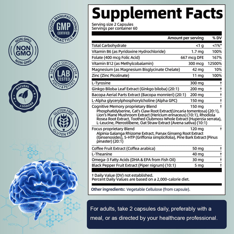 C-affeine Pills Brain Supplements for Memory and Focus L-Tyrosine, Alpha GPC, Ginkgo Biloba, Bacopa Monnieri, Brain Nootropic Cognitive Support - Non-GMO, Gluten Free (120 Counts) 120 Count (Pack of 1)