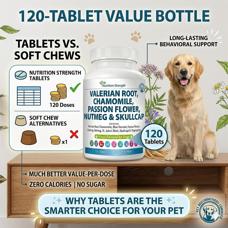 9-in-1 Valerian Root for Dogs 200mg, Chamomile 160mg, Blue Vervain, Passion Flower, Ginseng, Nutmeg, St John's Wort, L-Tryptophan for Dog Stress Relief & Calming, 120 Tablets
