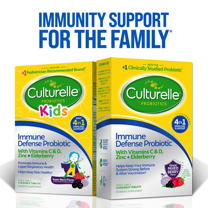 Culturelle Immune Defense Probiotic with Vitamin C,Vitamin D and Zinc + Elderberry,Non-GMO,4-in-1 Immune Support for Kids Ages 3+*,Mixed Berry Chewables,60 Count (Pack of 2) 60 Count (Pack of 2) Kids Immune Defense Probiotic