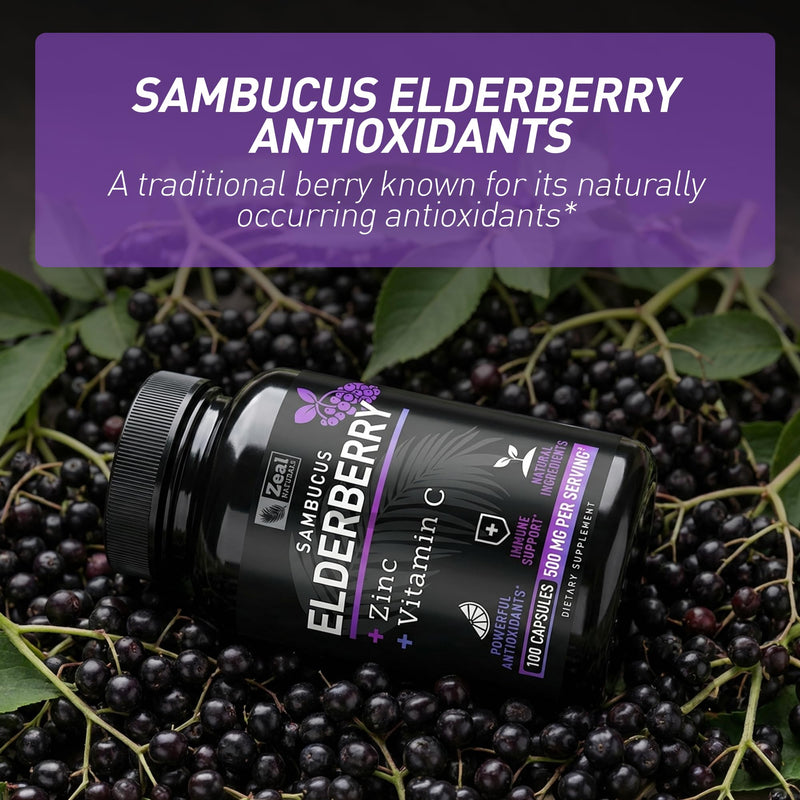 Zeal Naturals Max Strength Elderberry Capsules - 2000mg, 100 Capsules | Sambucus Black Elderberry, Vitamin C, and Zinc | 3-in-1 Immune Support Supplement for Adults