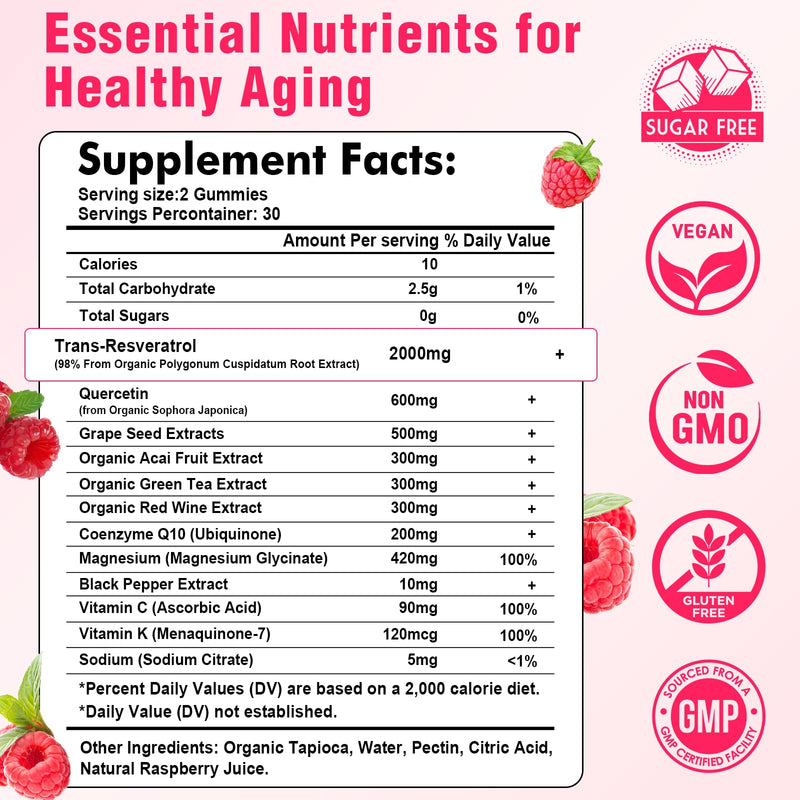 2 Pack Organic Resveratrol Gummies Supplement for Women Sugar Free | For Antioxidant Support, Cellular Health, Immunity, Brain & Energy, Raspberry Flavor, 120 Count 60 Count (Pack of 2)
