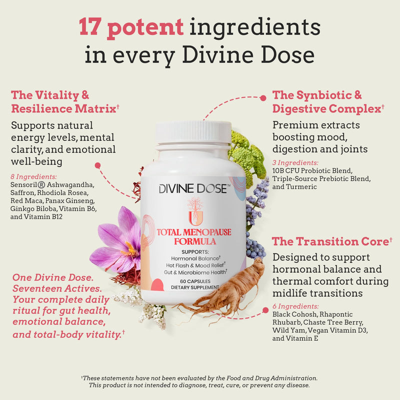 Total Menopause Formula 17-in-1 Stress Support Supplement for Women with Ashwagandha, Black Cohosh (Hormonal Balance), Maca, Probiotics, Vitamins D3, B6, B12, Vitality & Mental Clarity | 60 Capsules