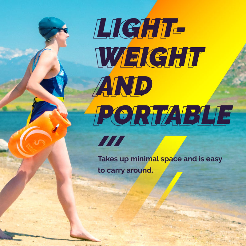 Sunlite Sports Swim Buoy Premium Quality, Highly Visible Waterproof Safety Marine Float Training for Open Water Swimming, for Swimmers, Triatheletes, Kayakers, Snorkelers, Throwable Flotation Device for Adults Two-in-One Swim Buoy/Dry Bag 20L