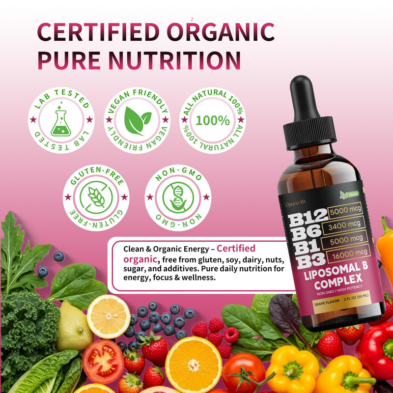 Liposomal Vitamin B12 Sublingual Methylcobalamin – Vitamin B Complex Liquid Drops with B6, B1 & B3 – Fast Absorption B12 Vitamins for Energy, Focus, Brain & Heart Support – Organic, Non-GMO, 2 fl oz