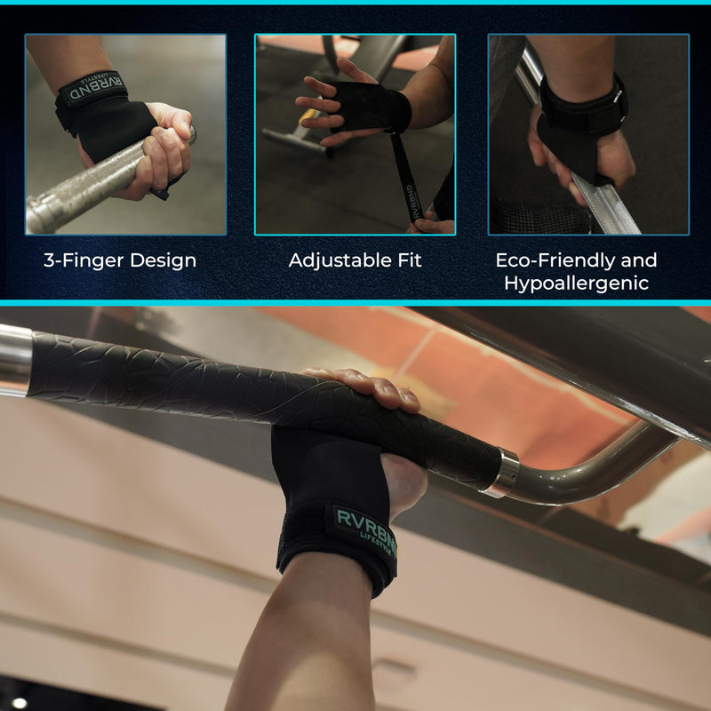 RVRBND Lifestyle 3 Hole Rubber Carbon Hand Grips for Crossfit, Gymnastics, Lifting, Pull Up with Velcro Wrist Strap & Foam Pad, Smooth Hand Protection Large