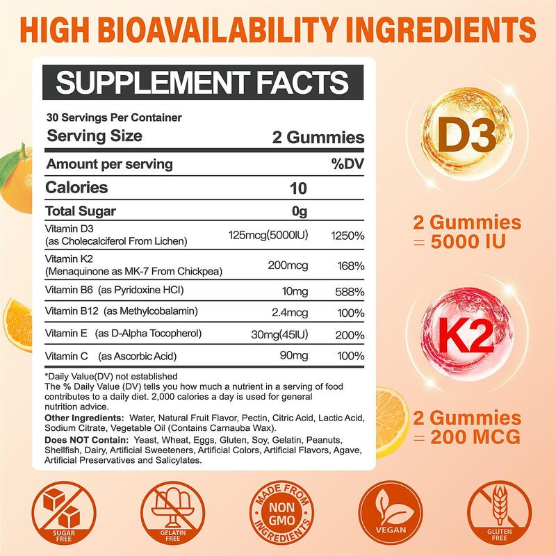 Vitamin D3 K2 Gummies for Adults - Vitamin D3 5000IU & K2(MK-7) 200mcg | Vitamin D3 Supplement with Vitamins B Complex, Vitamins C E for Women and Men - Vegan, Gluten Free, 2Packs 120 Count
