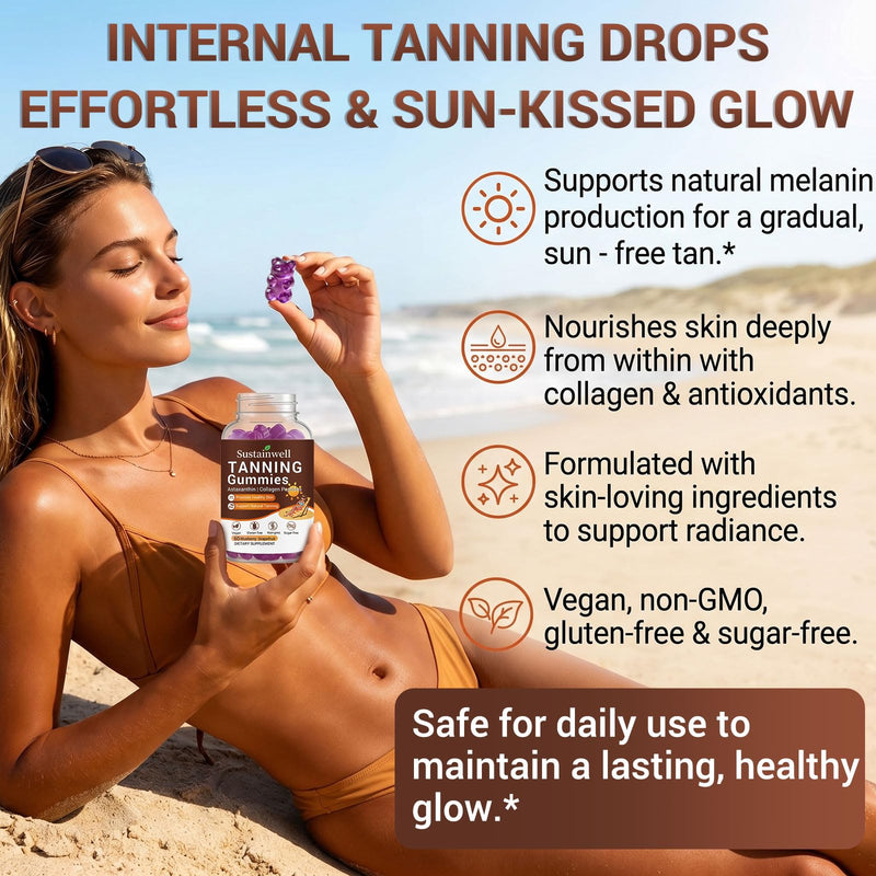 Tanning Gummies with Astaxanthin & Collagen for Women and Men Natural Sun-Kissed Tanning Supplement with Beta Carotene, Lycopene & Vitamins Skin Radiance & Hydration Vegan & Sugar Free 60 Count