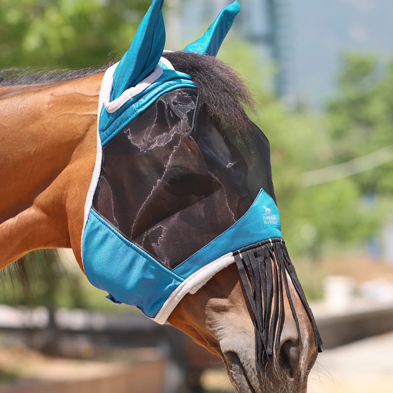 Harrison Howard CareMaster Horse Fly Mask with Ears and Nose Fringe Fly Protector Defender Mask Sky Blue Full Size Full (Large) - BeesActive Australia