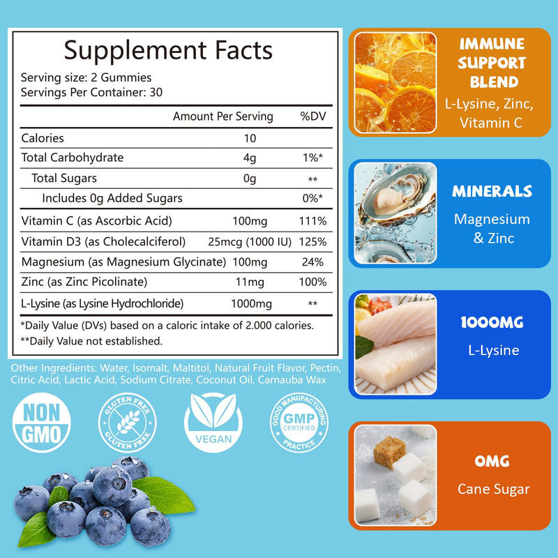 L-Lysine Gummies 1000mg, 5 in 1 Extra Strength for Immune Support, Skin & Lip Health, Chewable Lysine Supplement for Kids Adults, 60 Count