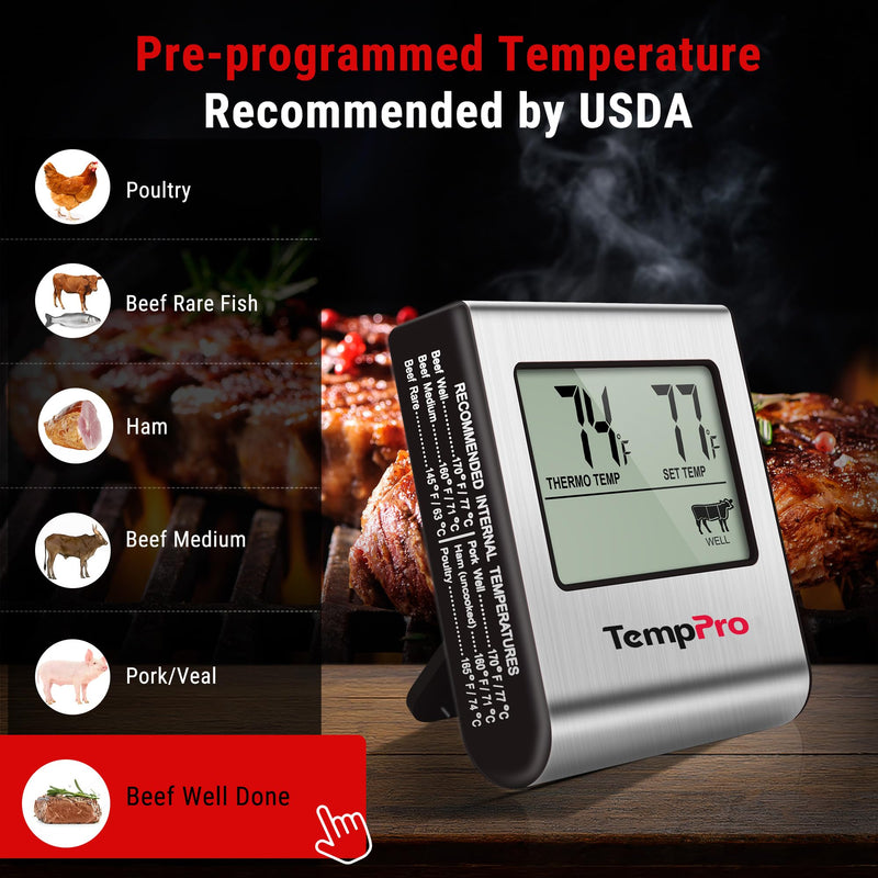 TempPro TP16 Large LCD Digital Cooking Food Meat Thermometer for Smoker Oven Kitchen BBQ Grill Thermometer Clock Timer with Stainless Steel Temperature Probe(Previously ThermoPro) Light Silver - BeesActive Australia