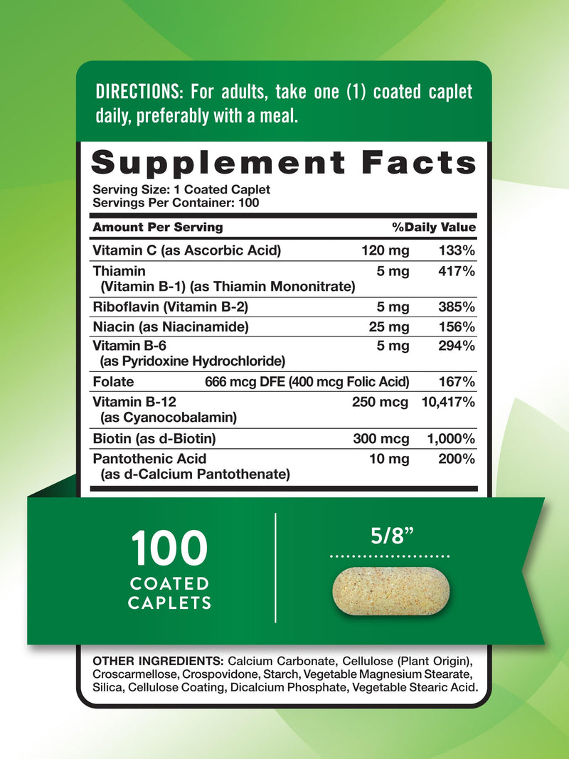 Nature's Truth Vitamin B Complex Plus Vitamin C | 100 Caplets | Vegan, Non-GMO & Gluten Free Supplement | Vegan, Non-GMO & Gluten Free Supplement 100 Count (Pack of 1)
