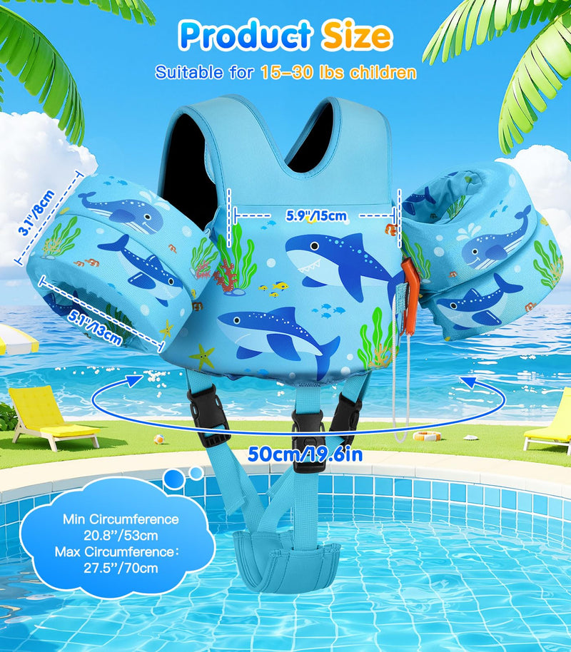 MoKo Toddler Swim Vest for 15-30-50-66 pounds, Boys Girls Swim Puddle Arm Floaties Cartoon Swimming Water Wings with Crotch Strap, Pool Floats Jacket Sleeves Shoulder Straps Arm Band for Toddler for kids 15-30 lbs Blue Twin Sharks - BeesActive Australia