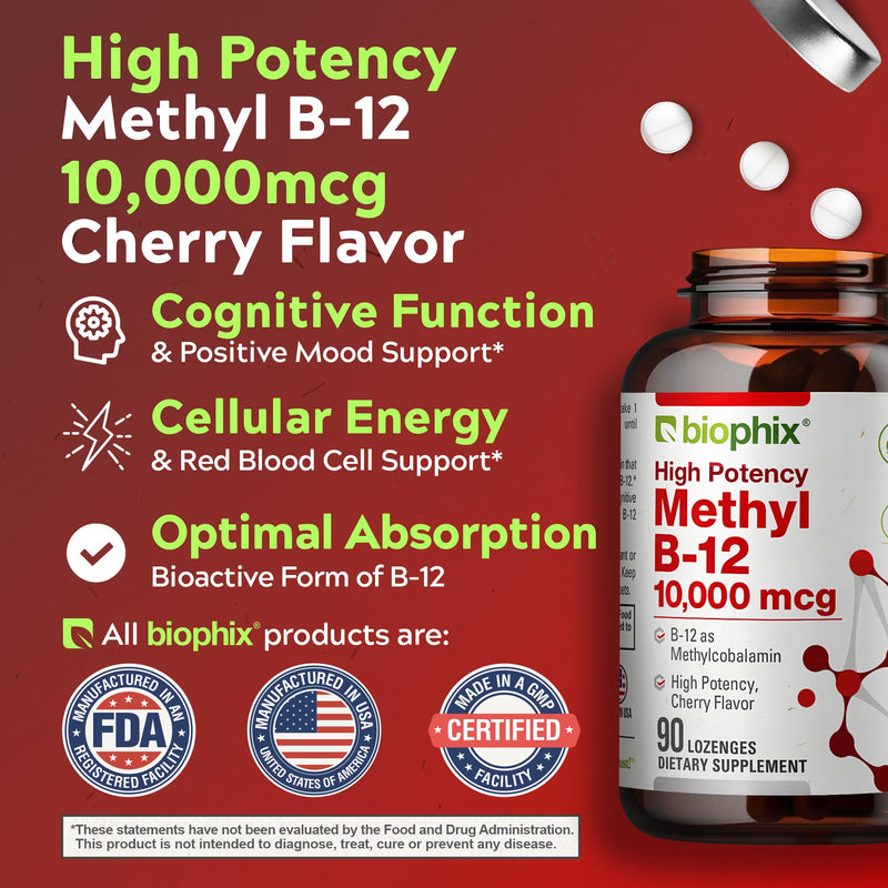 biophix Methyl B-12 10000 mcg 90 Vegan Lozenges Cherry Flavor Extra Strength - Supports Nervous System Immune Health Blood Flow Metabolism Brain Focus Energy
