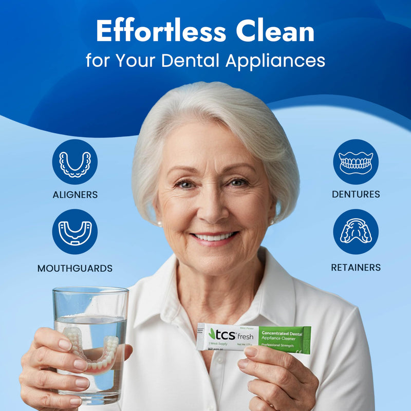 TCS Fresh Concentrated Dental Appliance Cleaner Set, Professional Denture and Retainer Cleaner Powder with Soft Bristle Brush (24 Packets, 6 Month Supply, Mint Flavor) Cleaner Powder with Bristle Brush (24 Packets) - BeesActive Australia