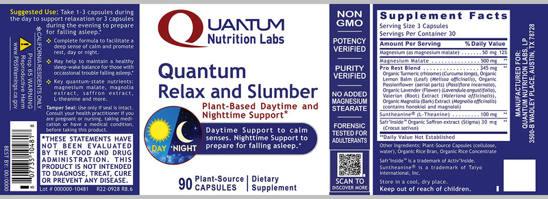 Quantum Nutrition Labs Quantum Relax and Slumber - Sleep Supplement with Magnesium Malate & L-Theanine, Natural Calm Complex with Lemon Balm & Valerian Root for Women & Men - 90 Capsules