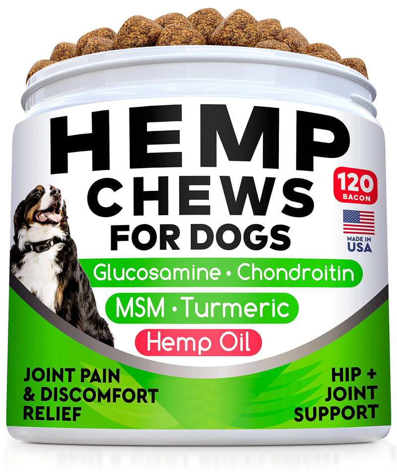 Hemp Chews for Dogs - Glucosamine Chondroitin for Dogs Joint Pain Relief with Hemp Oil, Hip & Joint Supplement Dogs, MSM Turmeric for Dogs Mobility, Dog Joint Supplement, Hemp Dog Treats Joints Health 120 Ct (Bacon) (Hip & Joint) Hemp Chews