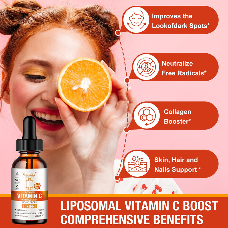 1 Packs Liposomal Vitamin C 2000mg Liquid Drop, High Absorption VC Complex Rose Hips with Echinacea, Citrus Bioflavonoids, Zinc, Vitamin D3 for Immune System & Antioxidant,2 FL Oz 2 Fl Oz (Pack of 1)