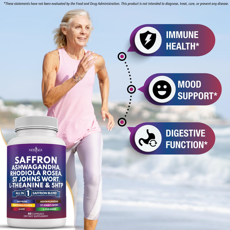 NEW AGE Saffron Supplements with Ashwagandha - Support with L-Theanine, Ginkgo Biloba, St. John's Wort, Rhodiola Rosea & 5-HTP - Saffron 120 Count 120 Capsules (Pack of 2) - BeesActive Australia